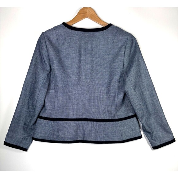 Talbots Blazer Womens 12P Blue Textured Open Front Contrast Trim Detail Jacket - Picture 4 of 13